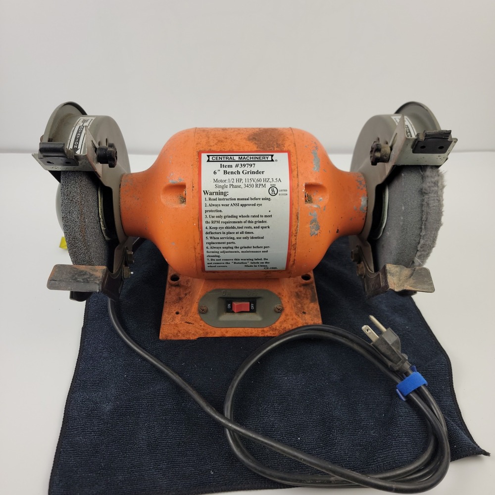 Central Machinery 6 Inch Bench Grinder 1/2 HP 3450 RPM Orange Item 39797